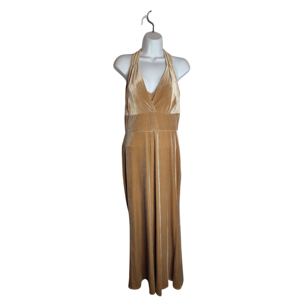 B2 Jasmine Boutique Champagne Velvet Floor Length Ball Gown Halter size 10US